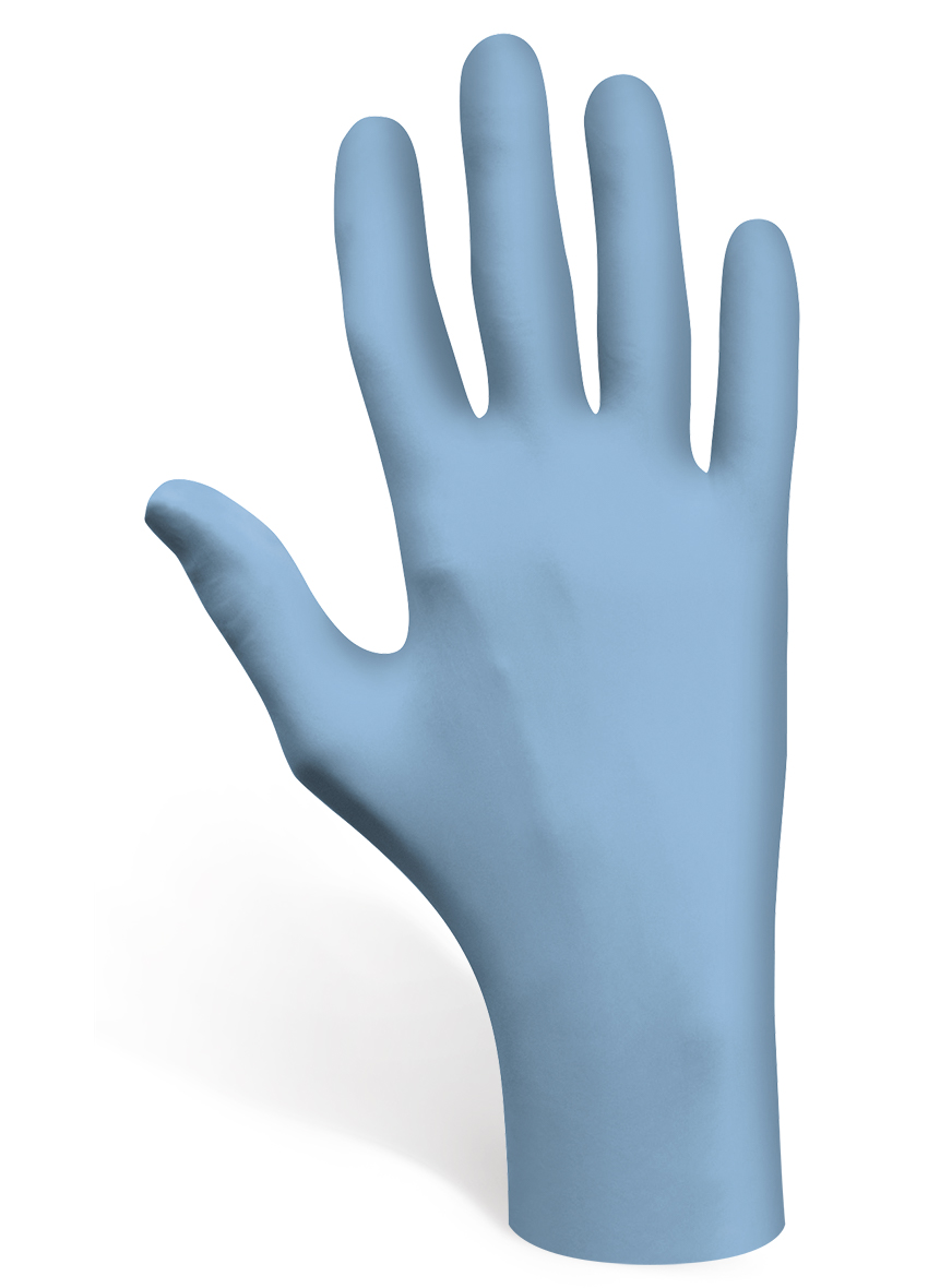 Disposable, powder-free, low-modulus 100%-nitrile, Silicone-free, bisque fingertips, 9-1/2", 4-mil, rolled cuff, blue/extra large