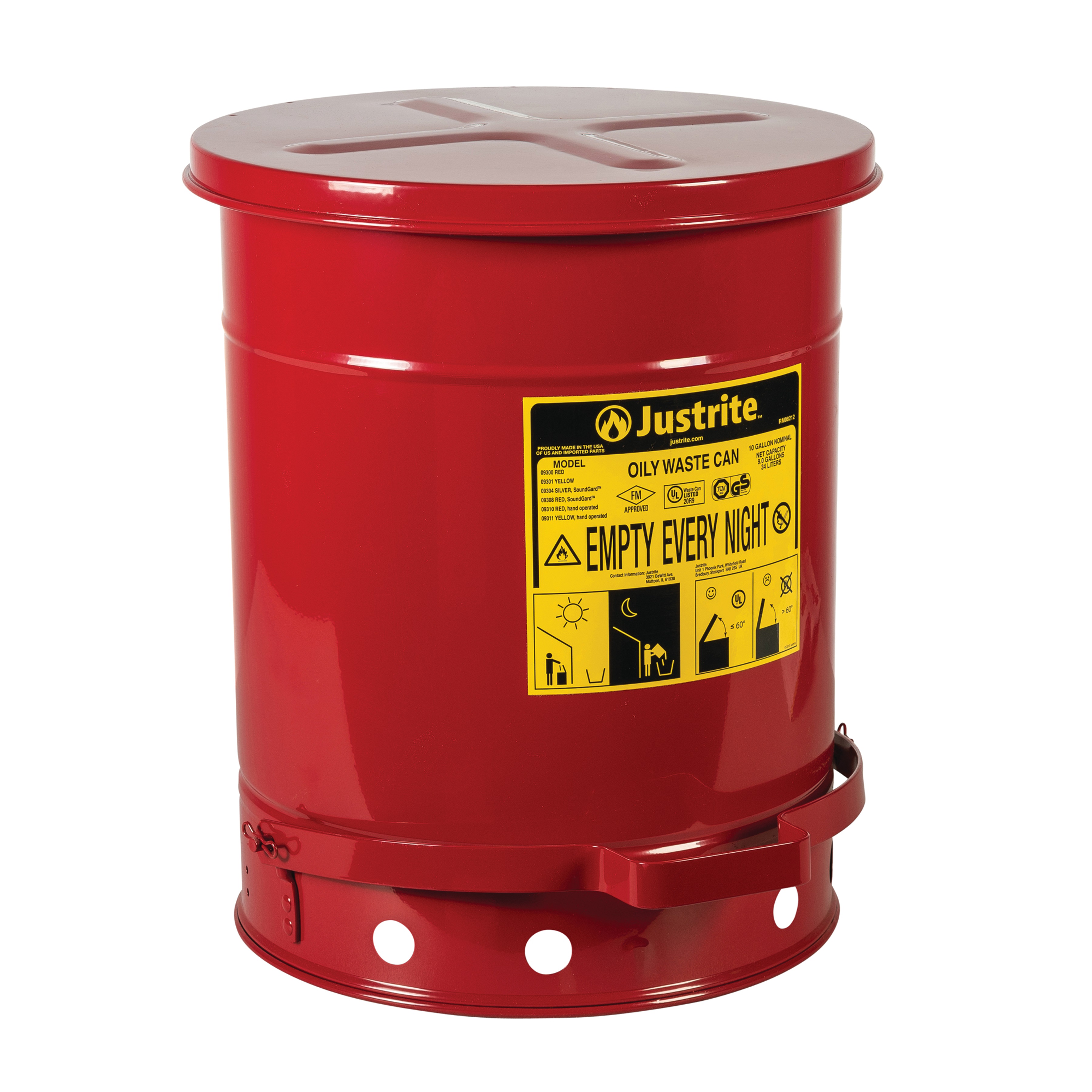 Justrite Oily Waste Cans - Red - Foot Operated
