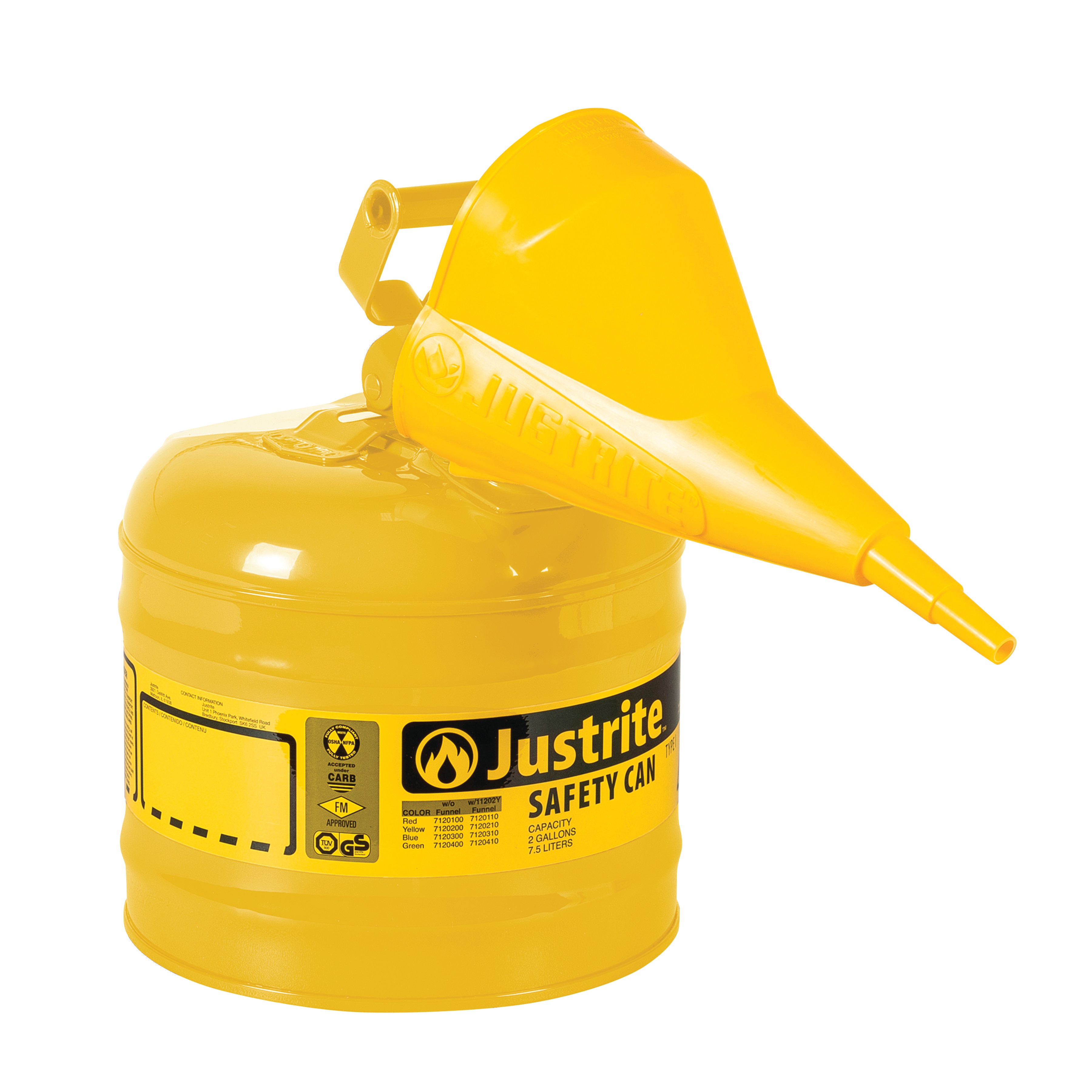 Justrite Swinging Handle Type 1 Safety Cans with Funnel Yellow